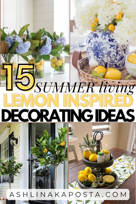 Lemon Living Room Decor, Lemon Inspired Kitchen, Blue Kitchen With Lemon Decor, Italian Lemon Kitchen Decor, Decorating With Lemons, Summer Bbq Decorations, Diy Lemon Decor Kitchen, Lemon Decorated Kitchen, Lemon Kitchen Tea Theme