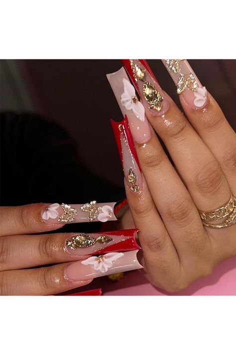 24pcs Long Coffin Press on Nails French Tip Fake Nails Set Red Edge Glitter Gold Stick on Nails Butterfly Flower Rhinestone Glue-on Nails Removable Acrylic False Nails Women Nail Art Accessories Nagel Tips, Manicure Tips, Nail Type, Nails Set, Hari Valentine, Nail Supplies, Nail Forms, Nail Length, Stick On Nails