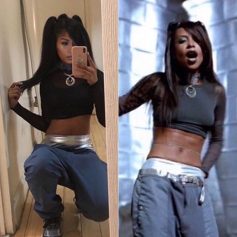 How To Dress Like Aaliyah, Aliyah Outfits 90s Aesthetic, 90s Outfits Aaliyah, Aaliyah Iconic Outfits, Aliyah Costume Ideas, 90s Hiphop Hairstyle, Freaknik 90s Outfit Ideas Black Women, Aaliyah Costume Ideas, Aaliyah Halloween Costume Ideas