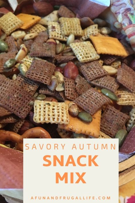 Enjoy the flavors and colors of Autumn with this irresistible Savory Autumn Snack Mix.  It's the perfect snack for game day or to tide your family over while you get Thanksgiving dinner on the table. #snackmix #chexmix Cheesy Corn Casserole Recipe, Fall Snack Mixes, Autumn Baking, Homemade Stuffing, Veggie Snacks, Snack Mixes, Thanksgiving Dinner Table, Fall Snacks, Recipes For Fall