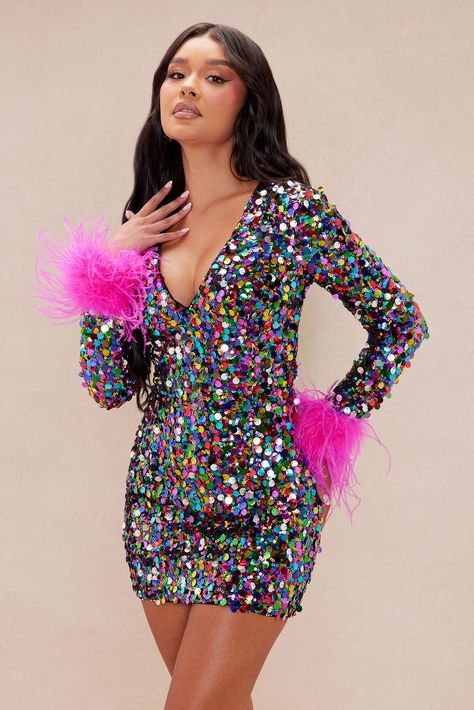 Available In Multi Color. Sequin Mini Dress V-Neckline Long Sleeves w/ Faux Fur Hidden Back Zipper Lined Stretch Shell/ Lining: 100% Polyester Imported | Hailey Long Sleeve Sequin Mini Dress size Medium by Fashion Nova Long Sleeve Sequin, Color Fashion, Sequin Mini, Sequin Mini Dress, Large Size Dresses, Colorful Fashion, Fashion Nova, Faux Fur, Casual Dresses