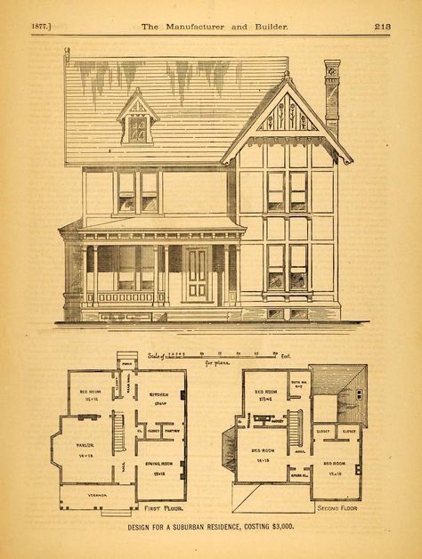 1877 Print Victorian Suburban House C. M. Morgan Architecture Floor Plans Historical House Plans, Victorian House Floor Plans, Gothic House Plans, Small Victorian House, Old House Floor Plans, Victorian House Plan, House Plans For Sale, Victorian House Plans, Unique House Plans