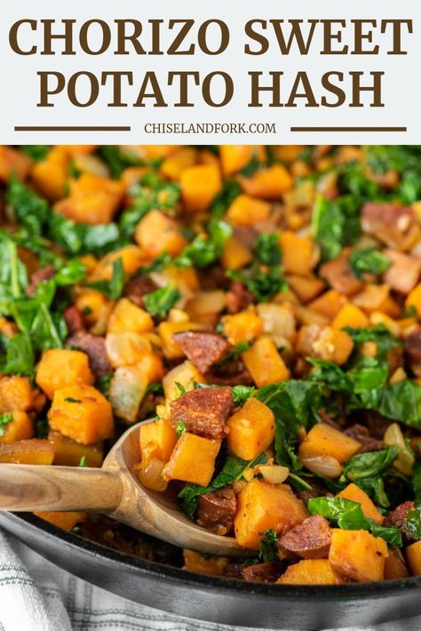 If you're looking for a quick weeknight meal with less than 10 ingredients that's packed with flavor, then this chorizo sweet potato hash is perfect for you. #chorizohash #sweetpotatohash #skilletmeal #quickandeasy #chorizo | www.chiselandfork.com Sweet Potato Chorizo, Chorizo Sweet Potato, Potato Chorizo, Chorizo Hash, Sweet Potato Hash Recipe, Potato Hash Recipe, Sweet Potato Skillet, Chorizo Recipes, Hash Recipe