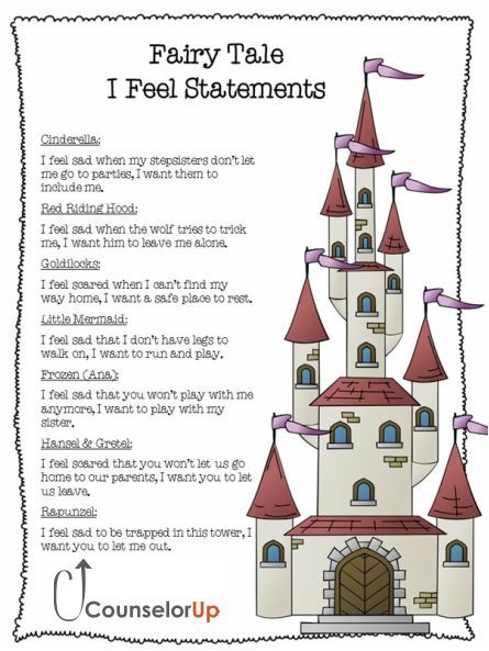 Conflict resolution - I Feel Statements for Fairy Tales. Fairy Tale Social Emotional, I Feel Statements Worksheet, I Statements Worksheet, I Feel Statements, Elementary Sel, I Statements, Conflict Resolution Activities, Social Emotional Curriculum, Therapy Interventions