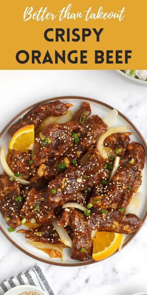 A white plate filled with crispy deep fried beef and sprinkle with spring onion and sesame seeds. Orange Beef Recipe, Crispy Orange Beef, Sauce For Beef, Shaved Beef Recipe, Chinese Beef Recipes, Shredded Beef Recipes, Weston Price, Orange Beef, Sesame Beef