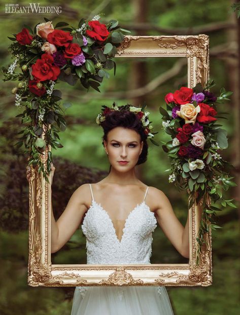 Gold Frame With Flowers, Portrait Props Ideas, Floral Frame Photoshoot, Woodland Photoshoot Ideas, Photoshoot With Picture Frame, Gold Frame Photoshoot, Enchanted Forest Theme Photoshoot, Flower Frame Photoshoot, Photo Area Ideas