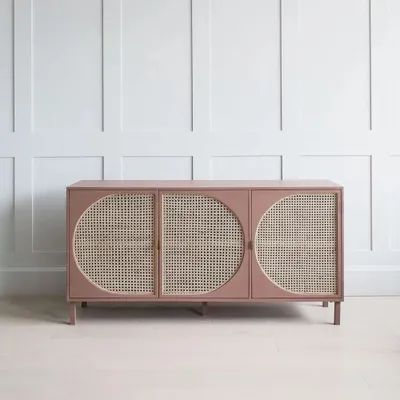 63" Rectangular Pink Rattan Sideboard Buffet 3 Doors Storage Cabinet Plywood Kitchen Buffet Table, Pink Rattan, Marble Top Sideboard, Decorating Above Kitchen Cabinets, Rattan Sideboard, Plywood Kitchen, Sideboard Table, Plywood Cabinets, Japanese Minimalism