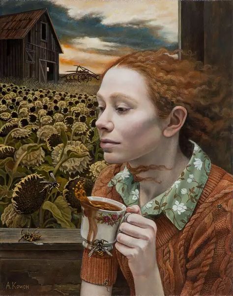 Some paintings by Andrea Kowch, self taught contemporary Michigan artist.  - Imgur Andrea Kowch, Desolation Row, Collage Project, Contemporary Realism, Magical Realism, Acrylic Artists, Magic Realism, Realistic Paintings, Realism Art