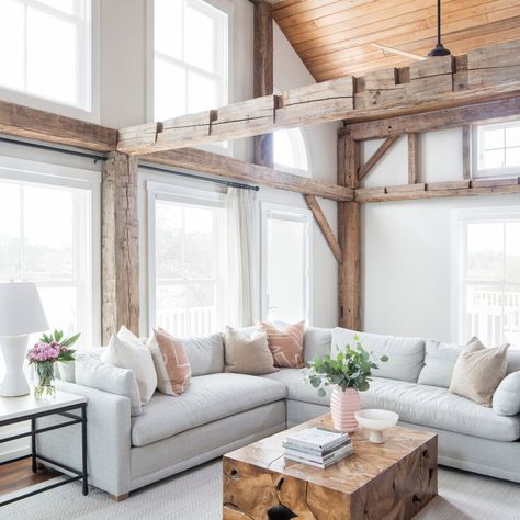 Post And Beam Home, Rowe Furniture, Modern Farmhouse Design, Exposed Beams, Post And Beam, Wooden Beams, Waterfront Homes, Modern Farmhouse Decor, Farmhouse Style House