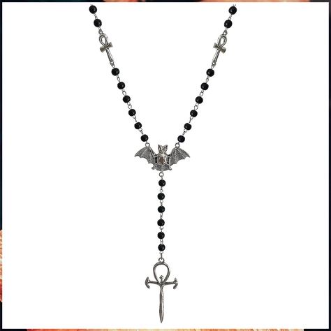 Ankh Cross Bat Necklace Religious Grunge Gothic Vampire Black Long Rosary Beaded Ancient Egyptian Necklace for Women Egyptian Cross, Cross Choker Necklace, Bat Necklace, Ancient Egyptian Symbols, Layered Crosses, Egyptian Necklace, Ankh Cross, Cross Choker, Gothic Vampire