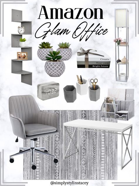 Glam Gray Office Ideas Modern, Small Grey Office Ideas, Black And Silver Office Decor, Grey And White Office Decor, Gray And White Office Decor, Blue And Grey Office Decor, Black And Grey Office Decor, Gray Office Desk, Grey Office Decor Ideas