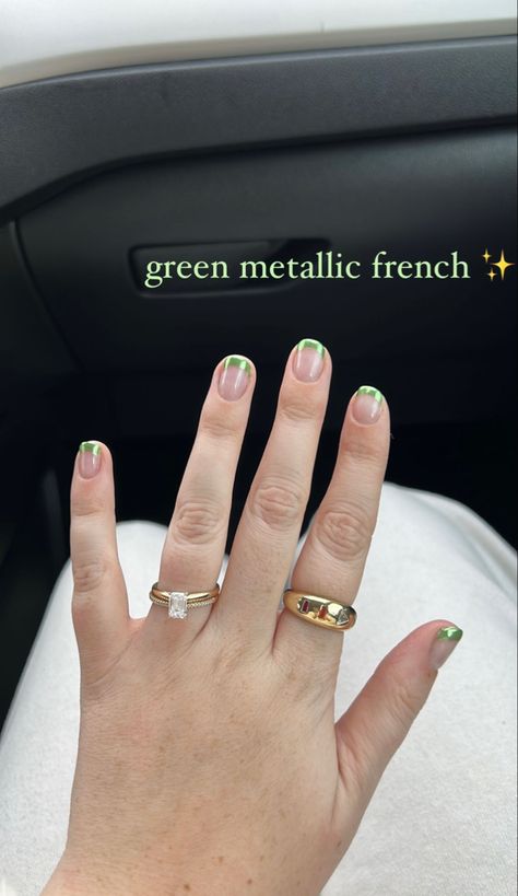 green chrome french tip gel manicure on short natural nails Green Tip Short Nails, Green French Short Nails, Chrome French Tip Nails Squoval, Short Nails Chrome French, Short Green French Tip Nails, Green Chrome French Tip Nails, Green Gel Manicure, French Tip Gel Manicure, Chrome Short Nails