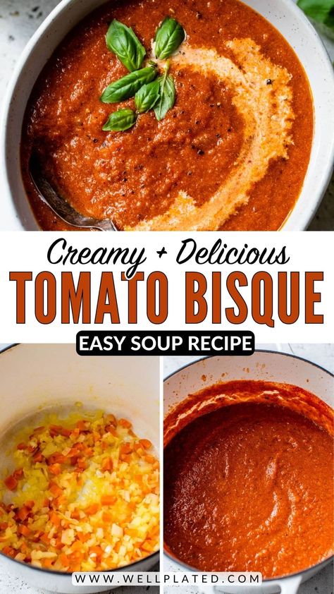 This homemade tomato bisque is rich, creamy, and full of flavor. Easy recipe that's ready in less than an hour. Comforting and delicious! Tomato Bisque Recipe, Perfect Blt, Tomato Bisque Soup, Bisque Soup, Making Grilled Cheese, Bisque Recipe, Tomato Bisque, Pureed Soup, Easy Soup