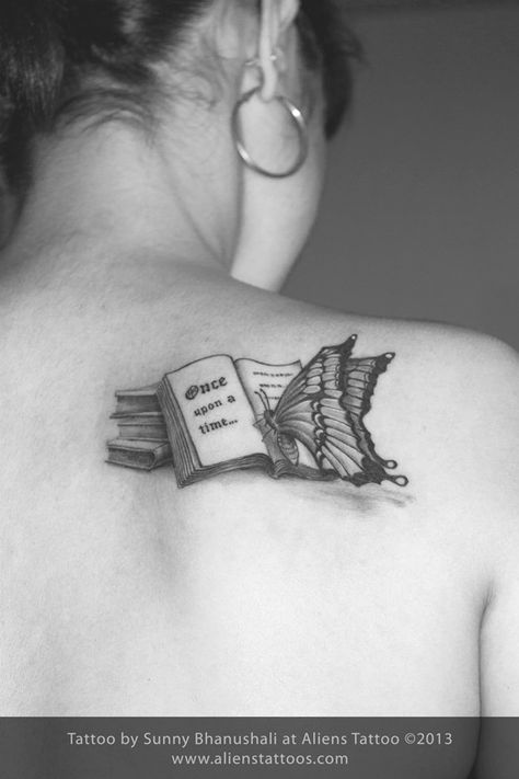 Once upon a time... Reading Book Tattoo, Aliens Tattoo, Bookish Tattoos, Book Tattoos, Creative Tattoo, Butterfly Tattoos, Small Book, Book Tattoo, Tattoo Love