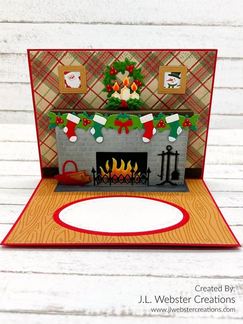 Fireplace Cards Christmas, Karen Burniston Cards Pop Up, Pop Up House Card, Pop Up Cards Christmas, Mansion Fireplace, Karen Burniston Cards, Ripple Backdrop, Interactive Christmas Cards, Christmas Pop Up Cards