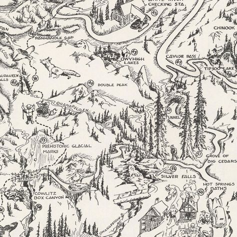 We love old maps. Their coloration, typography, legends, notations, and sometimes even outdated place names all have a nostalgic quality that gives them a special beauty. If you share our love for vintage maps, you’ll appreciate this 1946 pictorial map of Mt. Rainier National Park by C. Barnes. In remastering maps for this series, we go to great pains to clean them up, eliminating stains, stamps, handwriting, and other signs of map aging. We then rework them into easily frameable sizes and bring Cartography Design, Maps Aesthetic, Forest Map, Map Sketch, National Park Map, Mt Rainier National Park, Fantasy World Map, Map Projects, Pictorial Maps