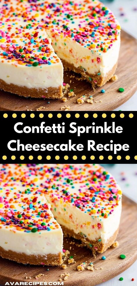 Need a simple yet impressive dessert? This Confetti Sprinkle Cheesecake Recipe is a no-bake delight that combines ease of preparation with a festive flair, perfect for holiday gatherings or any event where you want to serve something special. Confetti Cheesecake Recipes, Sprinkle Cheesecake, Confetti Cheesecake, Funfetti Cheesecake, Impressive Dessert, Colorful Desserts, Festive Desserts, Vanilla Whipped Cream, Desserts Menu