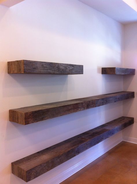 Free Floating Shelves! Reclaimed Gray Barn Board Sides - Glemanandsons.com Floating Shelves For Large Wall, Whole Wall Floating Shelves, Floating Shelves Big Wall, Wide Floating Shelves, Large Wall Floating Shelves, Free Floating Shelves, Large Floating Shelves, Optical Office, Office Bench