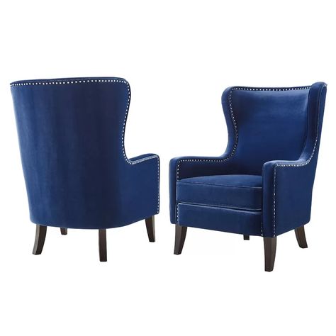 Everly Quinn Comeau Rosco Wingback Chair | Wayfair Navy Velvet Chair, Chair Styling, Velvet Wingback Chair, Wingback Accent Chair, Blue Antique, Velvet Accent Chair, Velvet Accents, Transitional Modern, Modern Accent Chair