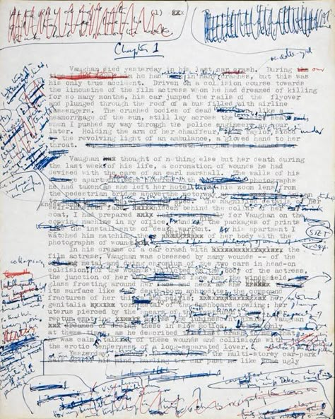 A manuscript page from J. G. Ballard’s CRASH J G Ballard, Raymond Carver, Text Dependent Questions, Earth Day Crafts, Talk About Love, First Draft, Writers Write, Close Reading, The Creative Process