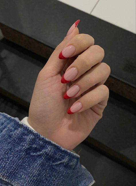 Pink Base Red French Tip, Ruby Red French Tip Nails, Red France Nails, Pink And Red French Tip Nails, Pink And Red French Nails, Red And Pink French Tip Nails, Red French Tip Nails Almond, Trendy Nails French Tip, Short Rounded Acrylic Nails