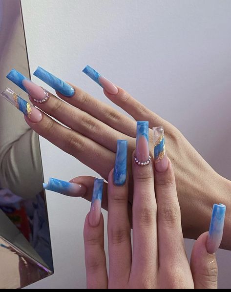 Long Square Blue Nails, Blue Nail Designs Long Square, Sky Blue Acrylic Nails Long, Light Blue Xl Nails, Nails Bleu, Xl Blue Acrylic Nails, Orange Acrylic Nails, Quinceanera Nails, Gel Nails Diy