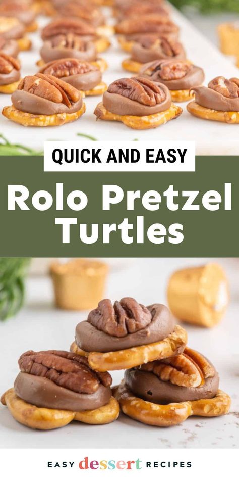 These pretzel and Rolo turtles are some of the easiest treats you can make for the holiday season! Salty, sweet, and nutty! Roll Pretzel Candy, Pretzel Rollo Pecan, Salty Holiday Treats, Pretzel And Rolo Turtles, Rolo Turtle Pretzels, Pretzel Turtles Rolo, Pretzel Rollo Treats, Roll Turtles, Pretzel And Rolo Treats