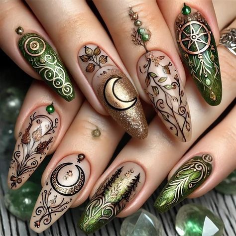 Nail Art Designs Complicated, Crystal Nail Art Design, Runic Nails, Yule Nail Designs, Metaphysical Nails, Yule Nails Pagan, Fantasy Wedding Nails, Forest Inspired Nails, Witchy Spring Nails