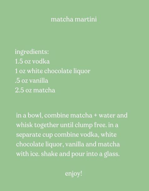 Matcha Water, Martini Ingredients, Chocolate Liquor, Fancy Cocktails, Drinks Alcohol, Martini Recipes, Drink Specials, Alcohol Drink Recipes, Wine Cocktails