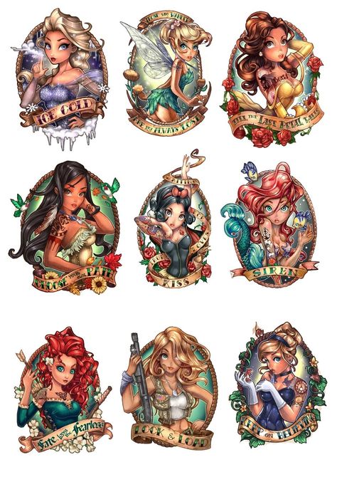 Dark Disney Art, Disney Pin Up, Princess Artwork, Dope Cartoons, Disney Princess Tattoo, Nintendo Princess, Princess Tattoo, Punk Disney, Disney Logo