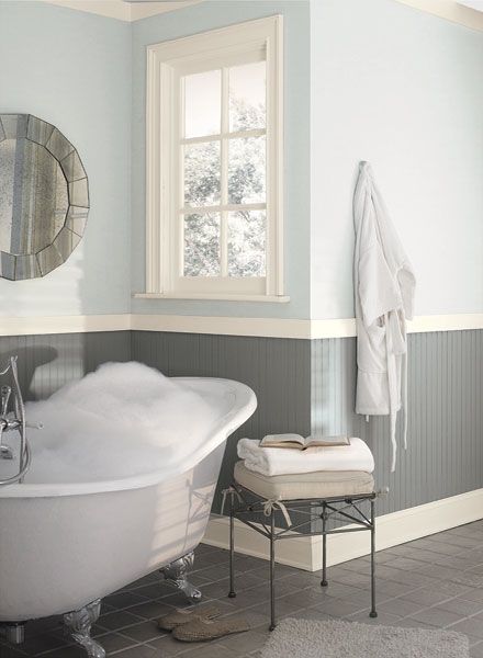 Benjamin Moore paint cinder and silvermist. These are the two colors in my boys bathroom. Off White Paint Colors, Tranquil Bathroom, Two Tone Walls, Small Bathroom Colors, Hale Navy, Bathroom Retreat, Bathroom Color Schemes, Bathroom Paint Colors, Dark Furniture