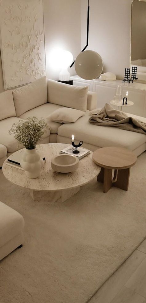 Minimalist Neutral Apartment, White And Tan House Interior, Cream Apartment Living Rooms, Living Room Modern Scandinavian, Neutral Aesthetic Living Room Decor, Apartment Decor Neutral Colors, Off White Home Decor, Beige Aesthetic Home Decor, All White Apartment Decor