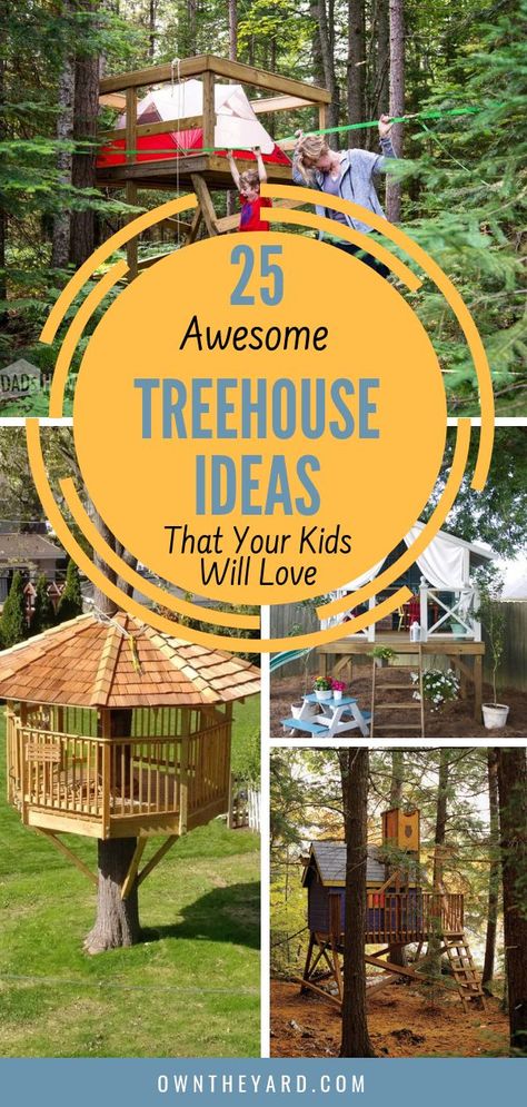 Diy Treehouse, Playground Backyard Diy, Backyard Treehouse, Outdoor Forts, Treehouse Ideas, Backyard Fort, Play Area Backyard, Tree House Plans, Backyard Trees