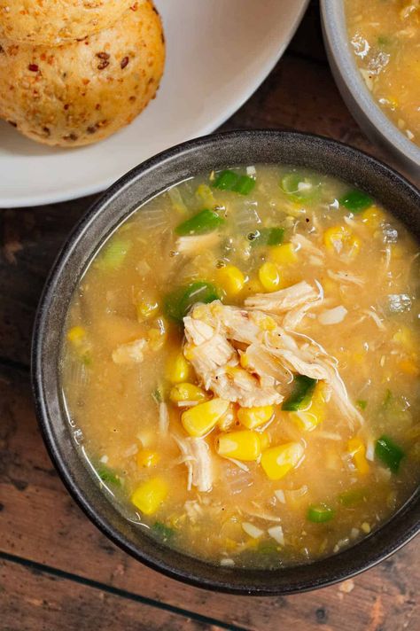 Sweet Corn Chicken Soup is a hearty soup recipe loaded with shredded chicken, corn kernels, cream style corn, minced garlic, minced ginger, soy sauce and green onions all in a tasty broth. Creamed Corn Soup, Corn Cream Soup, Cream Corn Soup, Chicken And Corn Soup Recipes, Chicken And Corn Soup, Chicken Sweet Corn Soup Recipe, Slow Cooker Chicken Sweet Corn Soup, Chicken Sweet Corn Soup, Chicken And Sweet Corn Soup