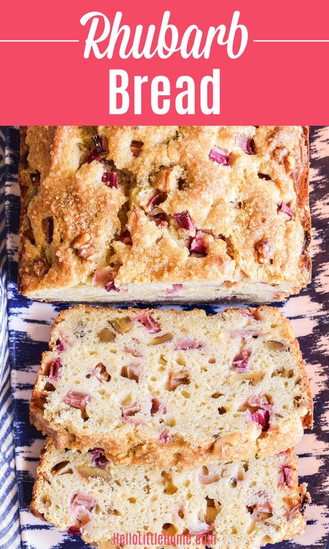 Looking for Rhubarb Recipes? You’ll LOVE this delicious Rhubarb Bread! Learn how to make the BEST Rhubarb Quick Bread using simple ingredients. This Rhubarb Loaf recipe is easy to make, super moist and tender (it’s made with sour cream), and flavored with a delicious blend of ginger, cardamom, and lemon. Nut (pecans, walnuts, etc.) are optional. This fresh Rhubarb recipe has an old fashioned flavor that’s sure to become a fave … perfect for breakfast, brunch, and snacks! | Hello Litt... Rhubarb Bread Recipe Sour Cream, Rhubarb Recipes Bread, Rhubarb Quick Bread, Rhubarb Loaf, Rhubarb Bread, Beer Bread Easy, Fresh Rhubarb, Quick Bread Recipes Easy, Quick Bread Recipe