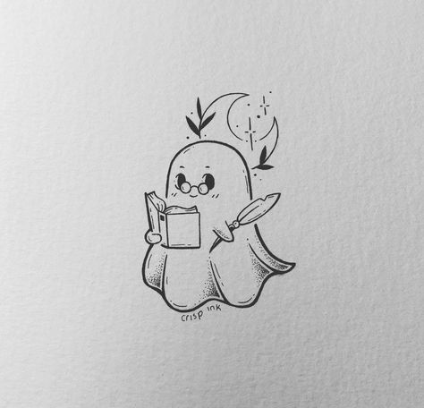 Crisp Ink, Bookish Tattoos, Ghost Tattoo, Spooky Tattoos, Halloween Tattoo, Tattoo Design Book, Book Tattoo, Halloween Tattoos, Cute Doodles Drawings