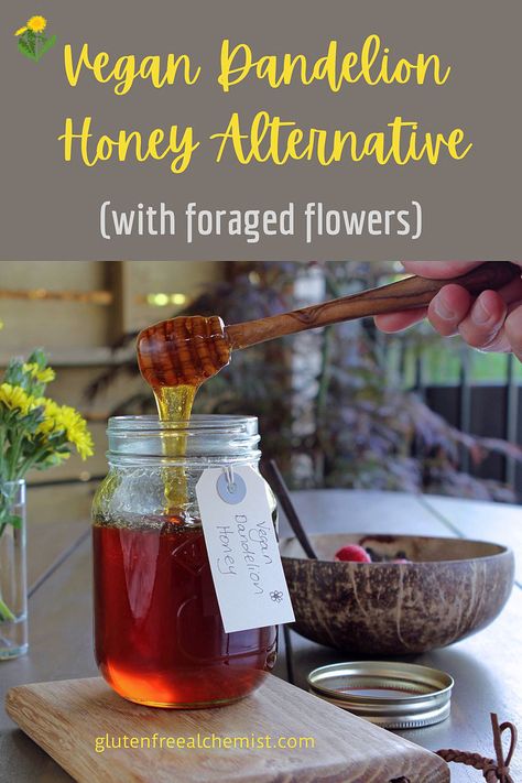 Dandelion Syrup, Honey Alternative, Dandelion Honey, Vegan Honey, Gluten Free Vegan Recipes, Dandelion Recipes, Board Member, Gluten Free Food, Gluten Free Cooking