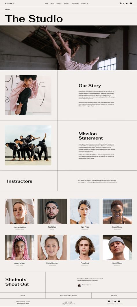 Get ready to see how a dance studio can make its presence known with a minimalistic yet classy website. This template kit caters to dance studios looking for a simple way to build a modern website that motivates people to check out the studio and sign up to try a dance class. Dance Landing Page, Art Studio Website, Dance Studio Website Design, Dance Website Design, Dance Studio Website, Creative Studio Website, Dance Studio Branding, Dancer Portfolio, Dance Branding