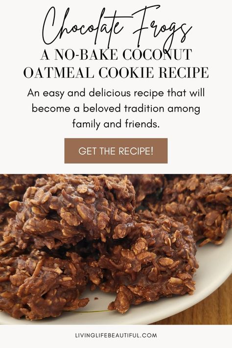 These no-bake chocolate oatmeal coconut cookies, also known as chocolate frogs, are easy and delicious and will become a beloved tradition among family and friends. Click the link for the full recipe! Coconut Oatmeal Cookies Recipes, No Bake Oatmeal, Oatmeal No Bake Cookies, Frog Cookies, Chocolate Frogs, Chocolate Drop Cookies, Oatmeal Cookie Recipe, Coconut Cookies Recipes, Oatmeal Coconut Cookies