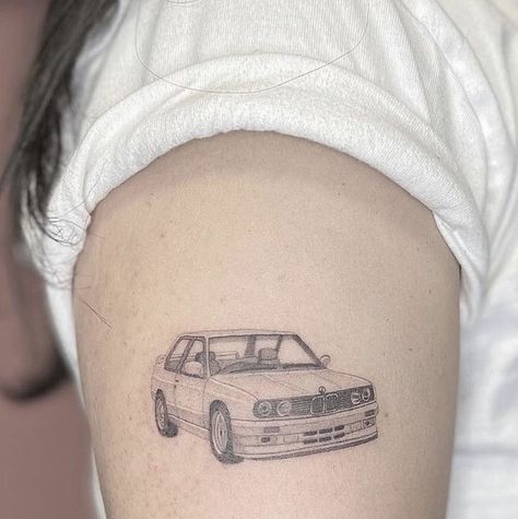 fine line car tattoo Car Tattoo For Woman, Fineline Car Tattoo, Fine Line Car Tattoo, Bmw E30 Tattoo, E30 Tattoo, White Ferrari Tattoo, Vintage Car Tattoo, Car Tattoos For Guys, Bmw Tattoo