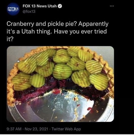 Pickle Pie Recipe, Weird Recipes, Pickle Pie, Cranberry Pie Recipes, Cranberry Pie, Pie Day, Funny Bones, Sanders Sides, Weird Food