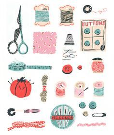 Sewing Kit Drawing, Sewing Pattern Illustration, Sewing Materials Drawing, Knitting Art Illustration, Sewing Graphic Design, Art Materials Illustration, Sewing Illustration Art, Sew Illustration, Sewing Kit Illustration