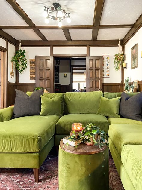 Green Velvet Sectional, Dinosaur Bingo, Olive Green Couches, Green Velvet Sofa Living Room, Green Sofa Living, Green Couch Living Room, Pan Wall, Green Sofa Living Room, Jonathan Louis