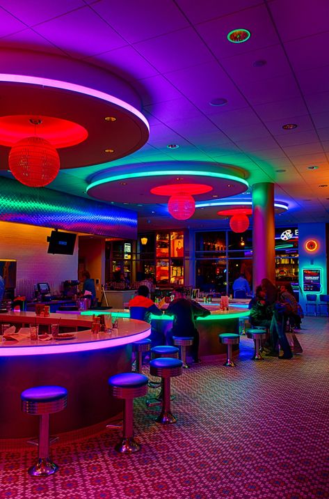 Space Themed Restaurant, Alien Restaurant, Futuristic Diner, Diner Aesthetic, Boozy Milkshake, Space Bar, Space Camp, American Diner, Memphis Design