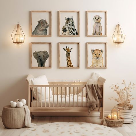 Display this safari nursery gallery set of 6 with these baby animal safari nursery prints. This safari animal nursery print set is hand painted with watercolor baby animals for sweet neutral nursery decor.  𝐏𝐫𝐨𝐝𝐮𝐜𝐭 𝐃𝐞𝐭𝐚𝐢𝐥𝐬 This Safari Nursery Decor Gallery Set is sold in a curated collection available as fine art prints  Size options include  5x7 inch 8x10 inch 11x14 inch 16x20 inch  Or choose to have these sent as high resolution digital files.  Please be mindful that all art prin Neutral Safari Theme Nursery, Boy Nursery Animal Theme, Zoo Nursery Ideas, Safari Baby Nursery Boys, Safari Themed Nursery Boys, Animal Kingdom Nursery, Zoo Animal Nursery Theme, Animal Nursery Ideas, Safari Toddler Room