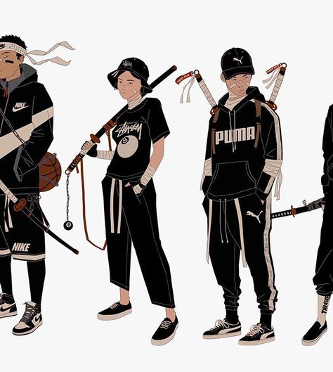 Ninja Squad Parade - Black version. Choose best 3 ⚔️. Brands x Characters. Progres Urban Samurai Character Design, Ninja Character Art, Mau Lencinas, Ninja Concept Art, Ninja Drawing, Street Ninja, Modern Ninja, Ninja Design, Ninja Illustration