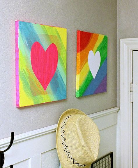 Got some extra contact paper? Put it too good use with this easy peasy canvas art idea.  Source: Hi Sugarplum! Heart Paintings, Kids Canvas Art, Easy Canvas, Easy Canvas Art, Kids Canvas, Easy Canvas Painting, Hur Man Målar, Paint Art, Art Party