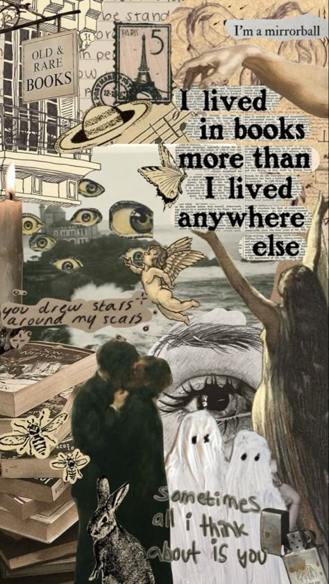 for the hopeless romantic readers Cartoon Collage, Collage Wallpapers, Whats Wallpaper, Funny Aesthetic, Collage Drawing, Arte Van Gogh, Book Wallpaper, Edgy Wallpaper, Cool Wallpapers Art