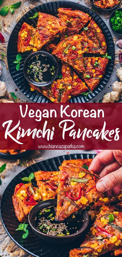 Korean Vegan Recipes Healthy, Vegan Korean Pancakes, Kimchi Pancake Recipe Easy, Vegan Korean Food Recipes, Recipes Using Kimchi, Korean Banchan Recipes, Kimchijeon Recipe, Vegetarian Korean Recipes, Kimchi Recipe Ideas