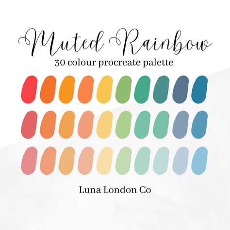 A beautiful Procreate color palette inspired by a lovely Muted Rainbow. 30 colours included! Please note that this is a DIGITAL product, no physical item will be shipped to you. To download, save the file on your iPad and then tap it to automatically add the color palette to your procreate collection. For non Procreate users, hex codes will be supplied. if you have any questions or enquiries please send me a message! Colors With Hex Codes, Muted Rainbow Color Palette, Procreate Colour Palette, Procreate Palette, Muted Rainbow, Rainbow Palette, Palette Art, Color Vibe, Hex Codes